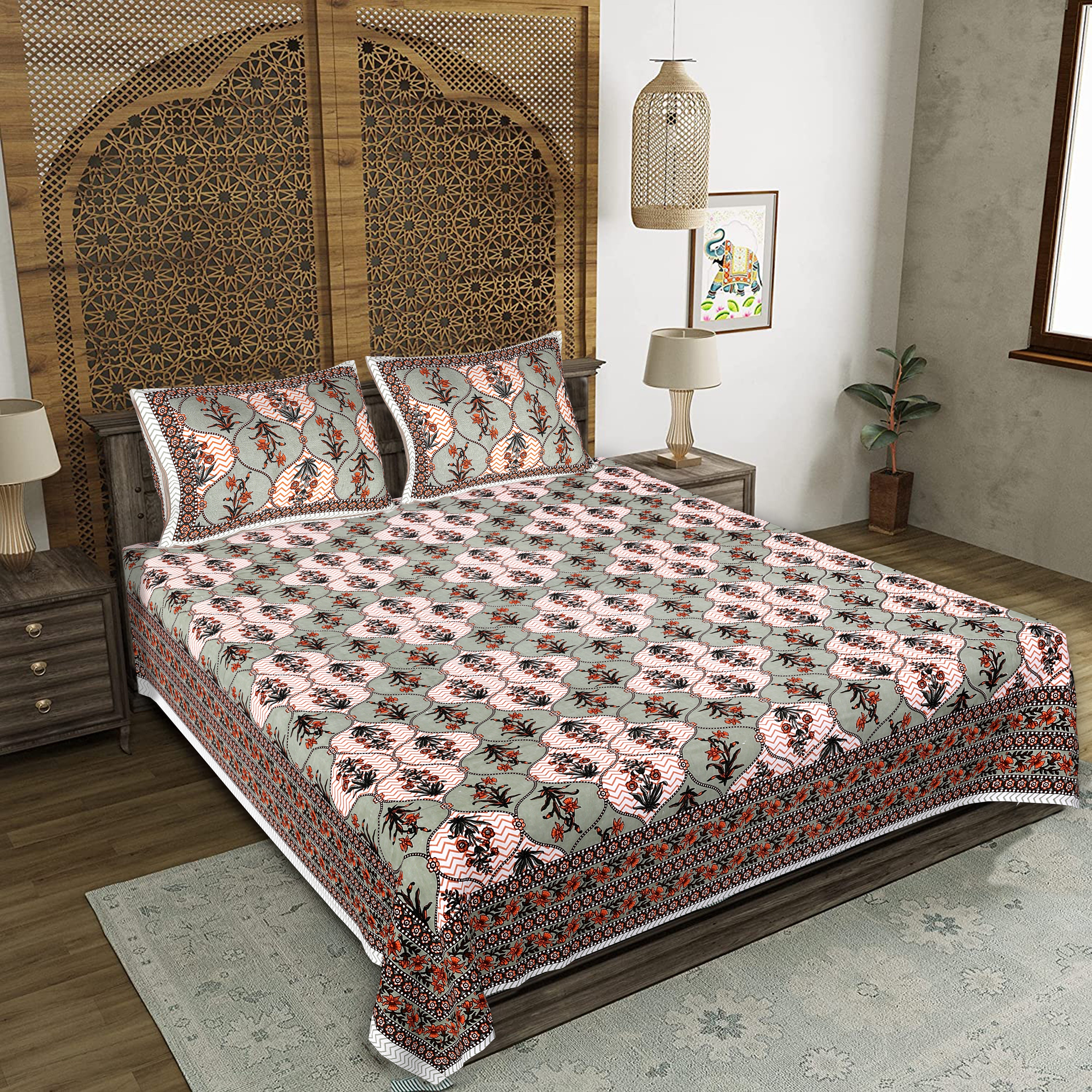 Rajasthani Jaipuri Traditional King Size Bedsheet With 2 Pillow Covers