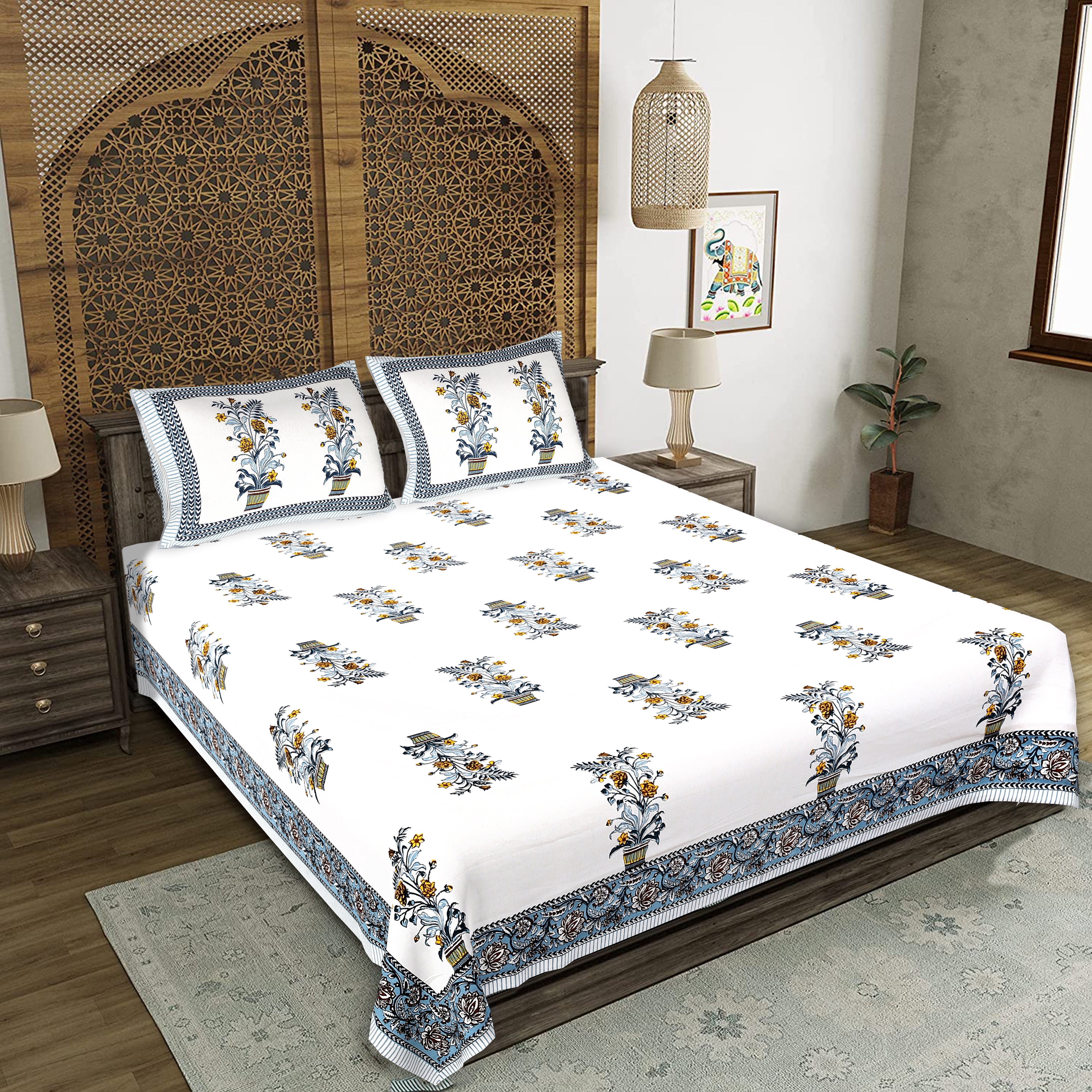 Rajasthani Jaipuri Traditional King Size Bedsheet With 2 Pillow Covers