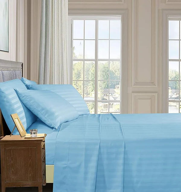 Solid Striped Cotton Bed Sheet with 2 Pillow Covers
