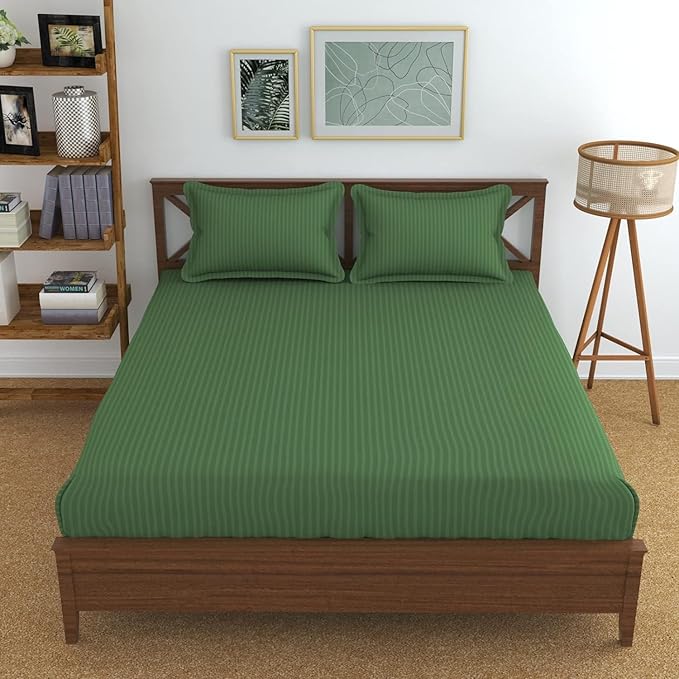 Solid Striped Cotton Bed Sheet with 2 Pillow Covers