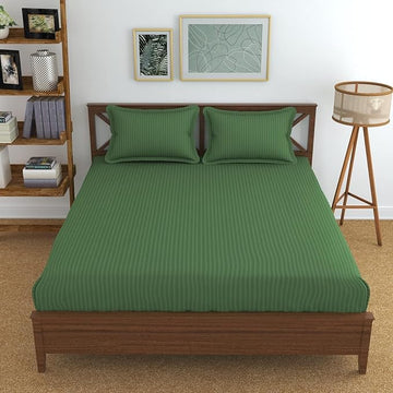 Solid Striped Cotton Bed Sheet with 2 Pillow Covers