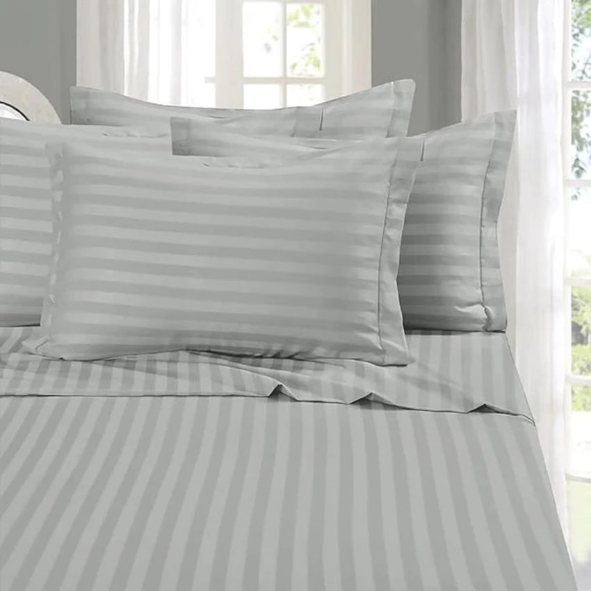 Solid Striped Cotton Bed Sheet with 2 Pillow Covers