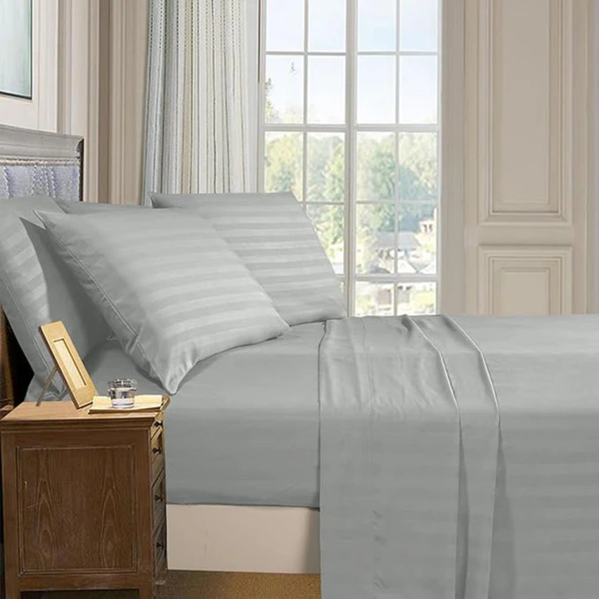 Solid Striped Cotton Bed Sheet with 2 Pillow Covers
