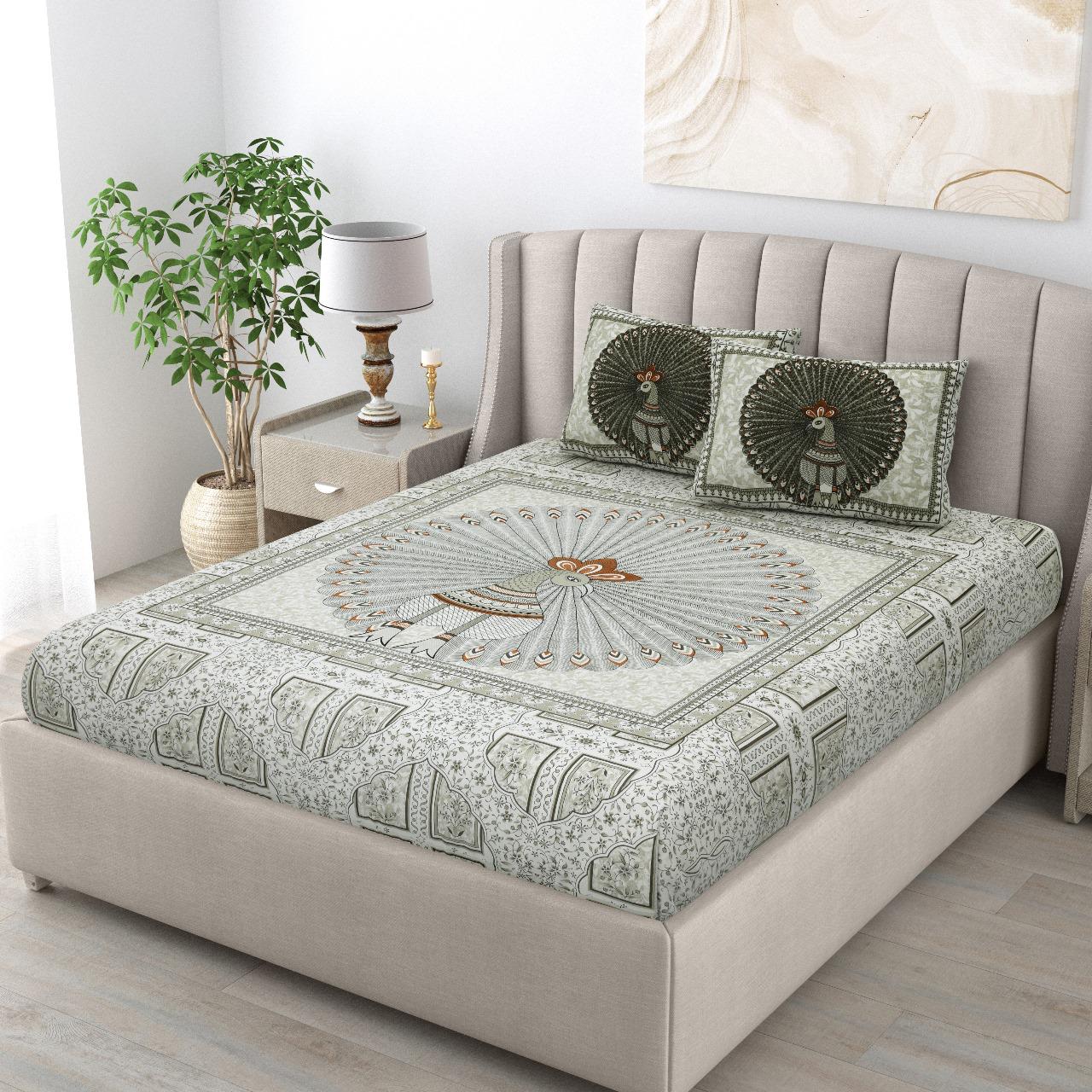"Elegant Green Peacock Print Pure Cotton King Size Bedsheet