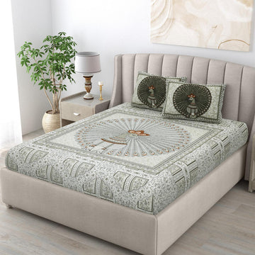 "Elegant Green Peacock Print Pure Cotton King Size Bedsheet