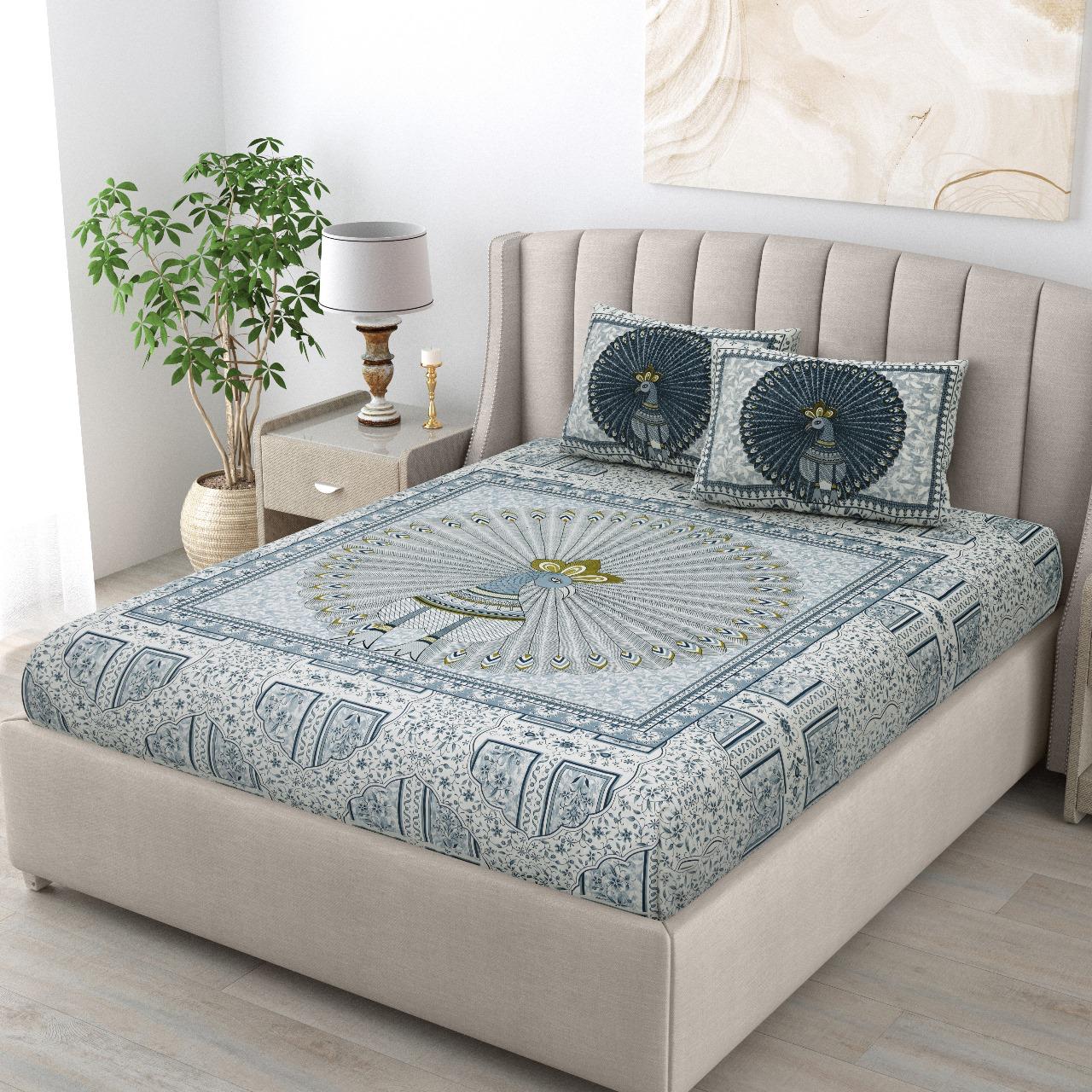 "Classic Blue Peacock Print Pure Cotton King Size Bedsheet