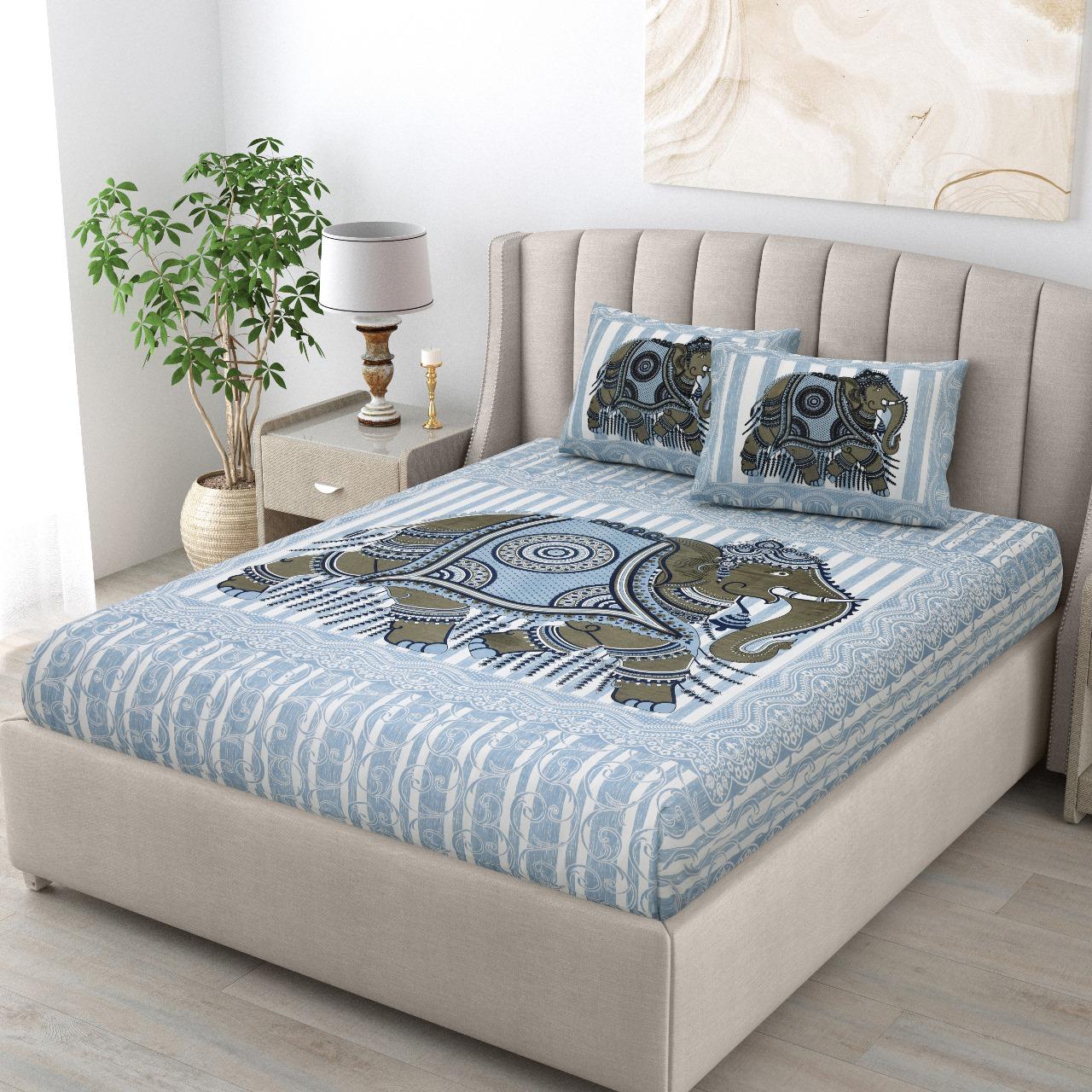 Jaipuri Royal Elephant Print Cotton King Size Bedsheet