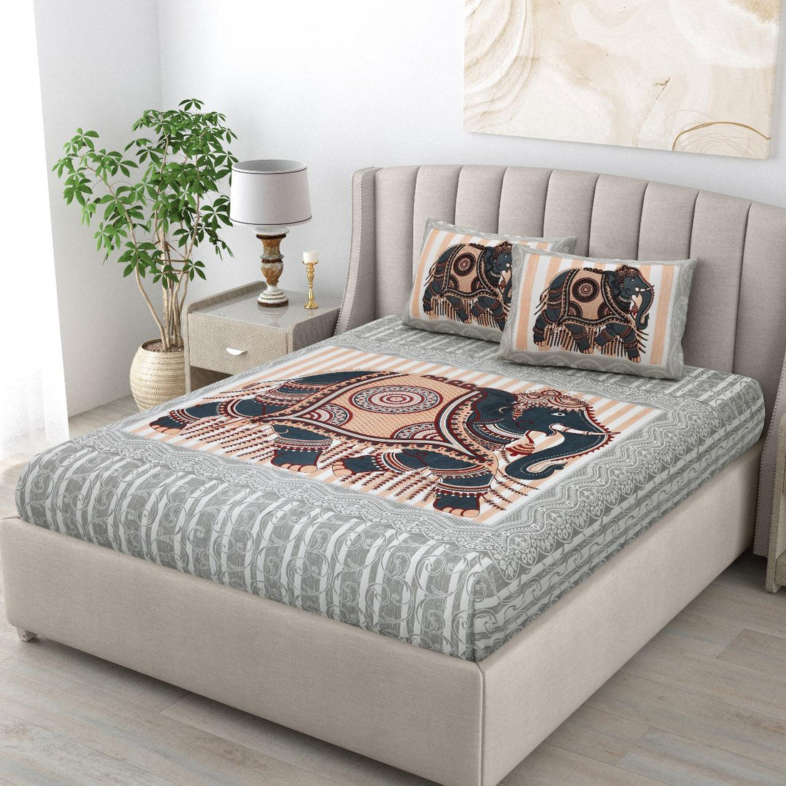 Jaipuri Royal Elephant Print Cotton King Size Bedsheet