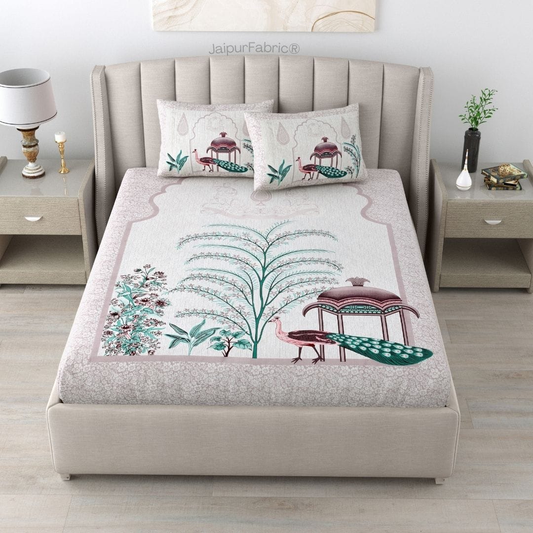 "Elegant Pink & Green Peacock Print Pure Cotton King Size Bedsheet"