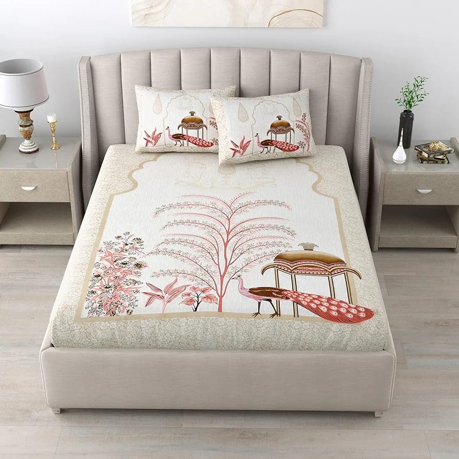 "Golden Peach Peacock Print Pure Cotton King Size Bedsheet"