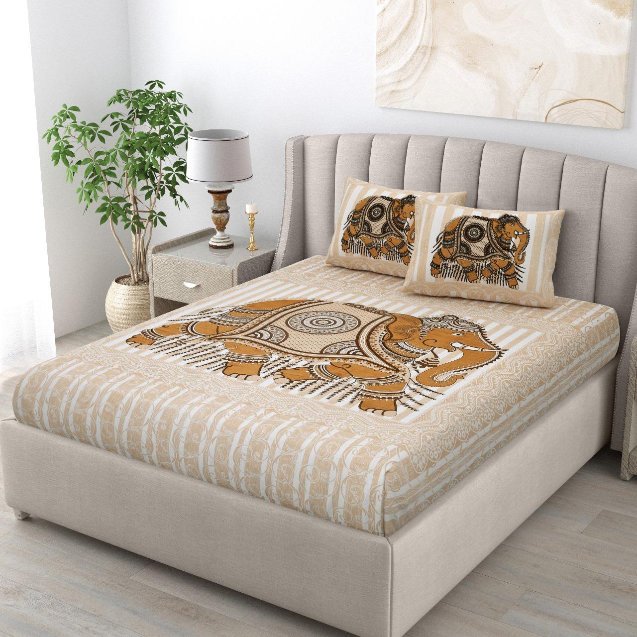 Jaipuri Royal Elephant Print Cotton King Size Bedsheet