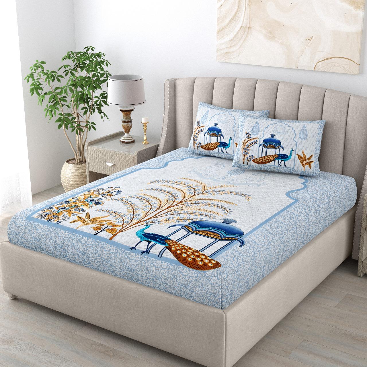 "Rajasthani Peacock Print Premium Cotton King Size Bedsheet"