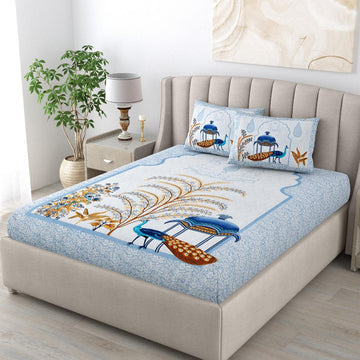 "Rajasthani Peacock Print Premium Cotton King Size Bedsheet"
