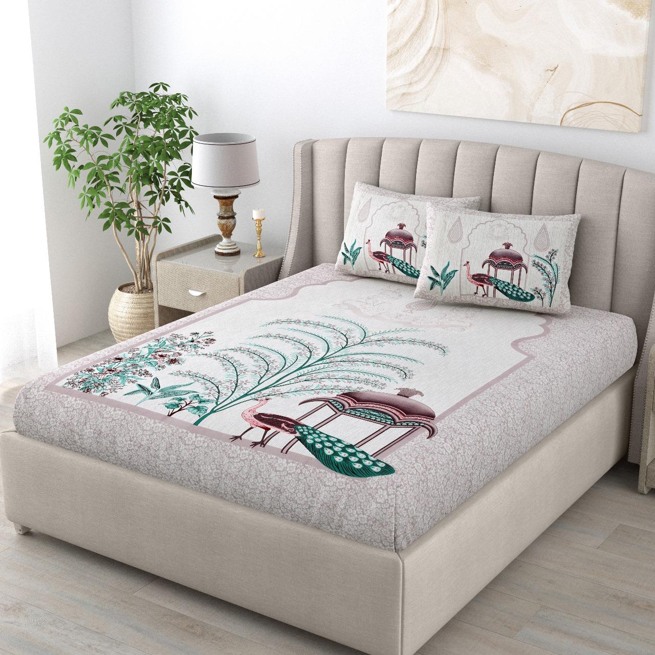 "Elegant Pink & Green Peacock Print Pure Cotton King Size Bedsheet"