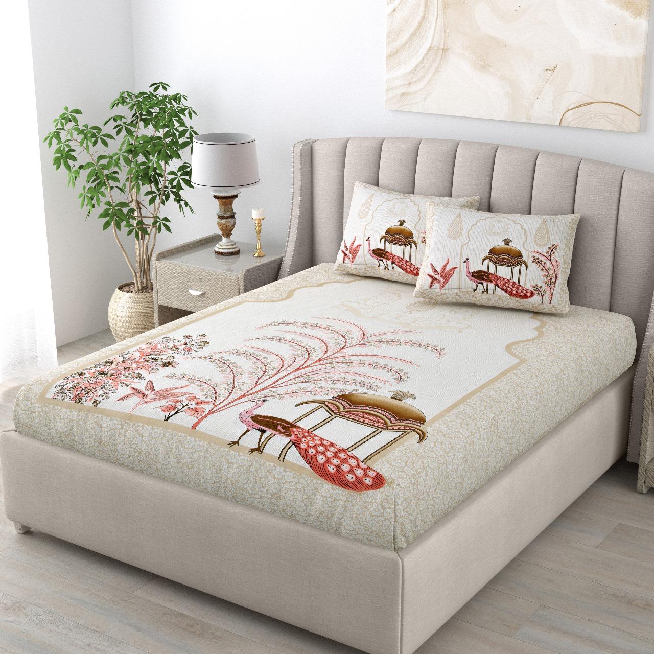 "Golden Peach Peacock Print Pure Cotton King Size Bedsheet"