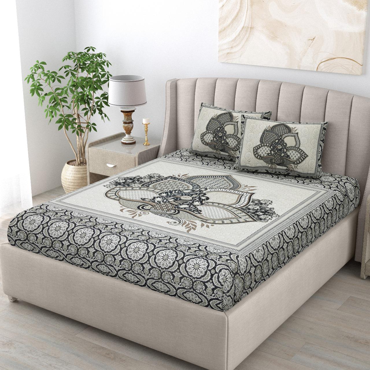 "Classic Black & Beige Floral Pure Cotton King Size Bedsheet "