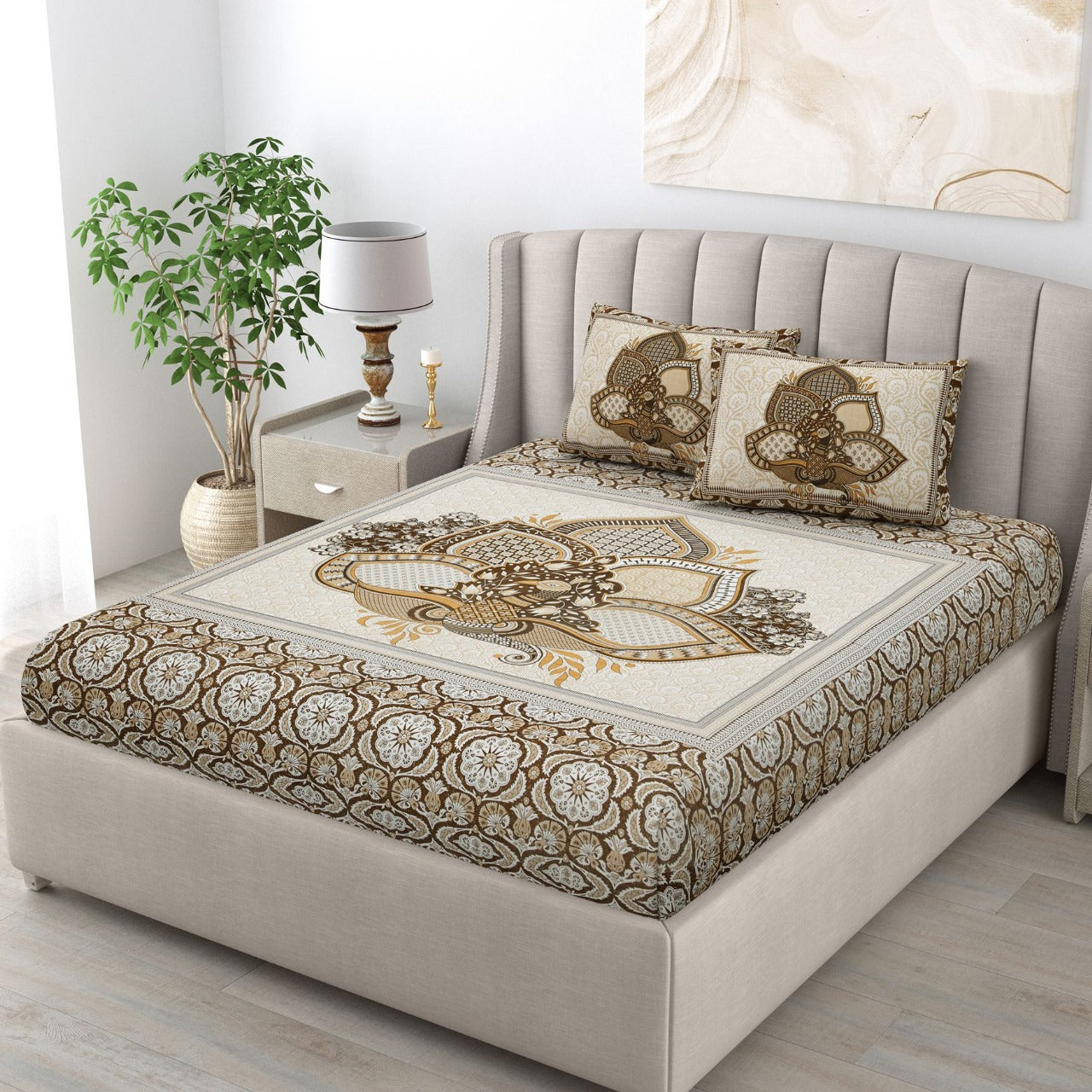 "Elegant Brown Floral Pure Cotton King Size Bedsheet"