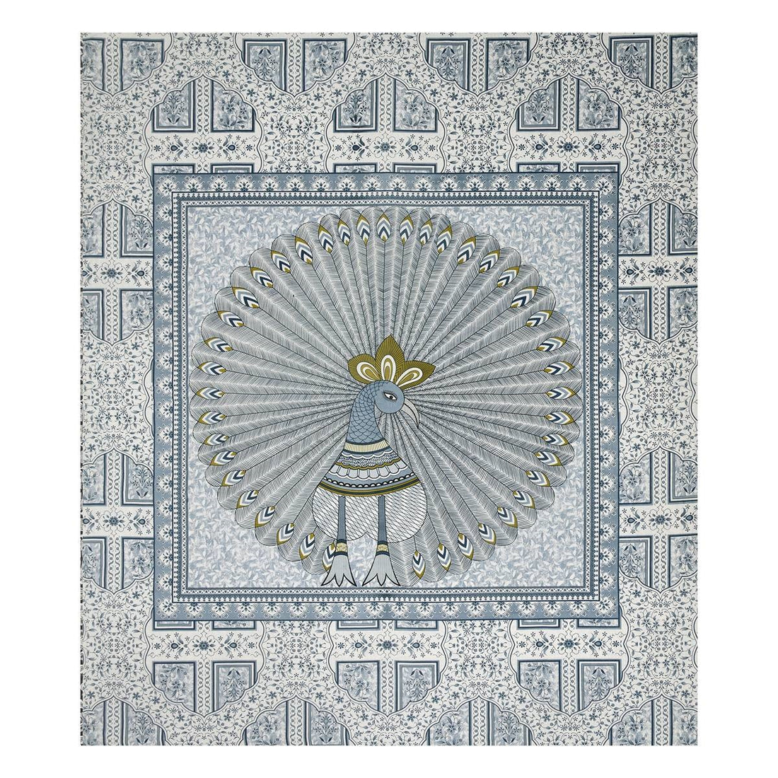 "Classic Blue Peacock Print Pure Cotton King Size Bedsheet