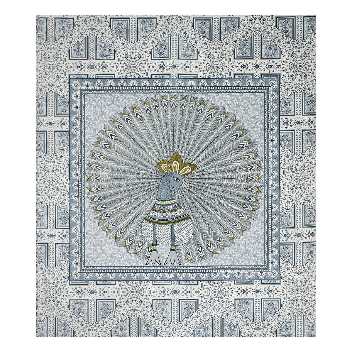 "Classic Blue Peacock Print Pure Cotton King Size Bedsheet