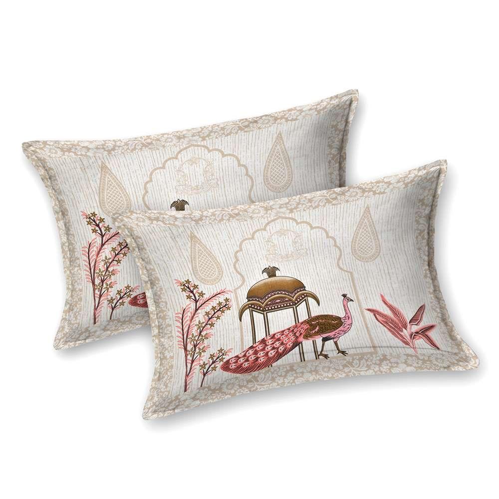 "Golden Peach Peacock Print Pure Cotton King Size Bedsheet"