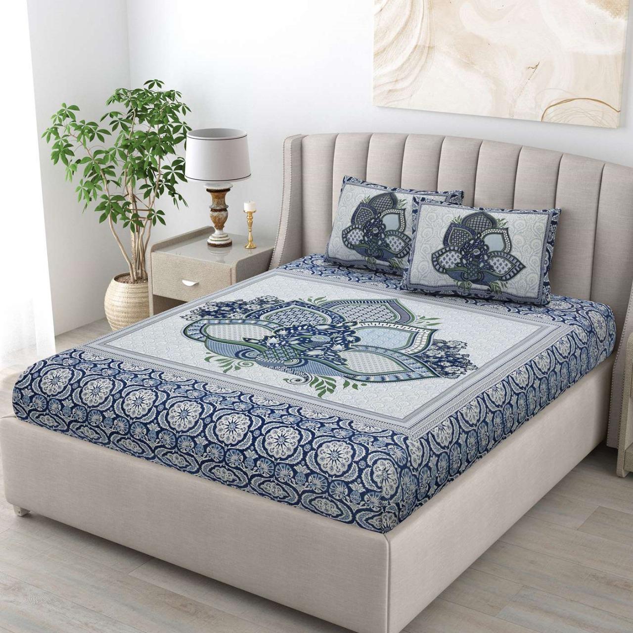 "Royal Blue Floral Pure Cotton King Size Bedsheet"