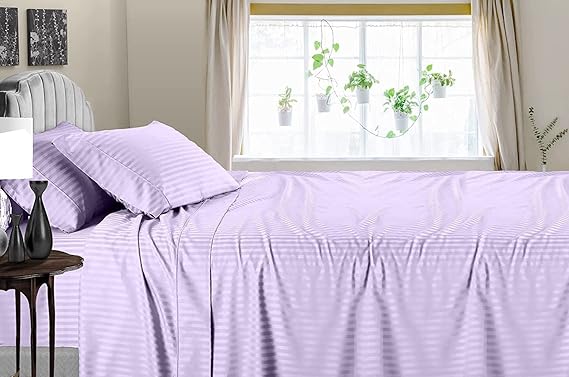 Solid Striped Cotton Bed Sheet with 2 Pillow Covers