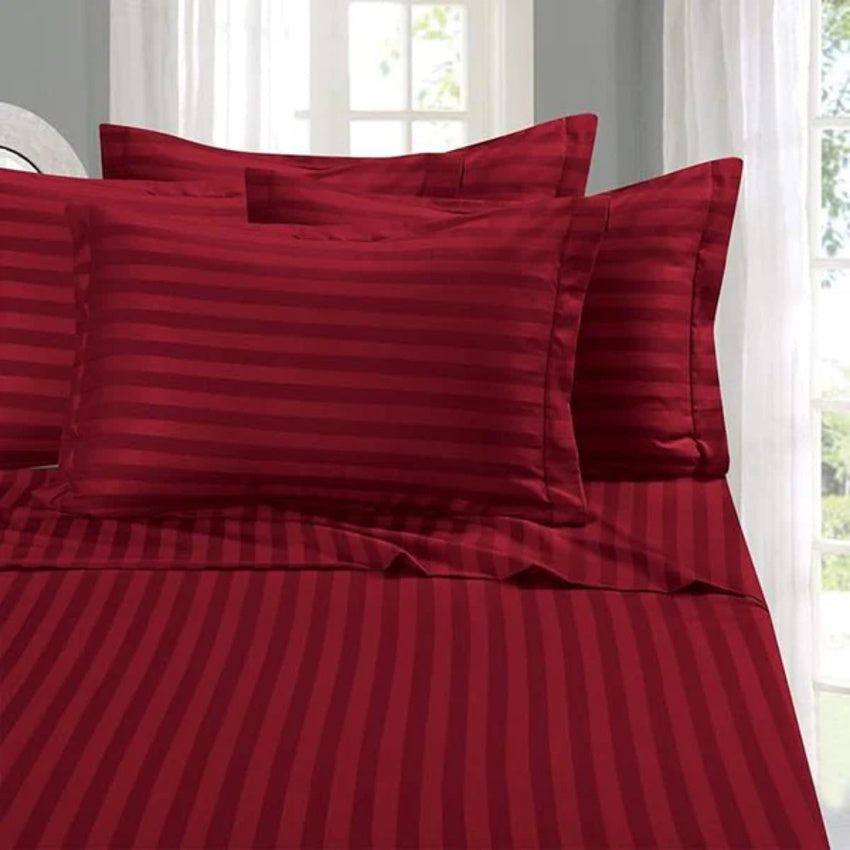 Solid Striped Cotton Bed Sheet with 2 Pillow Covers