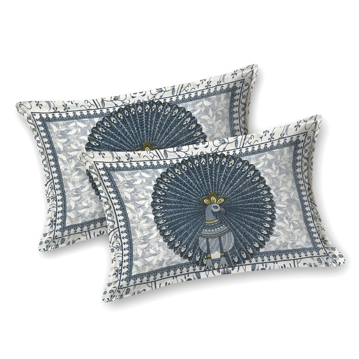 "Classic Blue Peacock Print Pure Cotton King Size Bedsheet